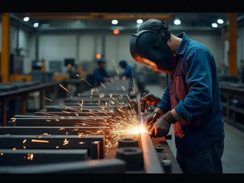 Welder performing MIG welding on a fabricated steel assembly at Tuff Industries